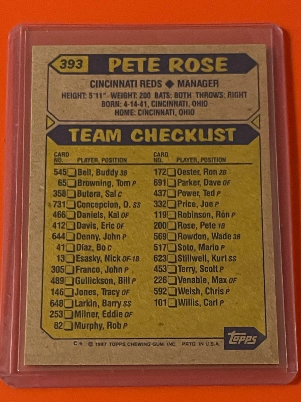 Pete Rose #393 [Manager] 1987 Topps Baseball Trading Card